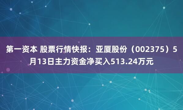 第一資本 股票行情快報(bào)：亞廈股份（002375）5月13日主力資金凈買入513.24萬元
