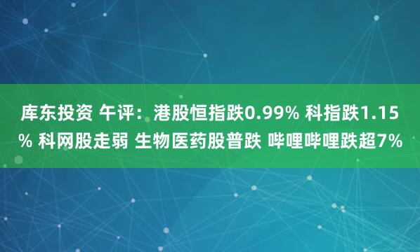 庫(kù)東投資 午評(píng)：港股恒指跌0.99% 科指跌1.15% 科網(wǎng)股走弱 生物醫(yī)藥股普跌 嗶哩嗶哩跌超7%